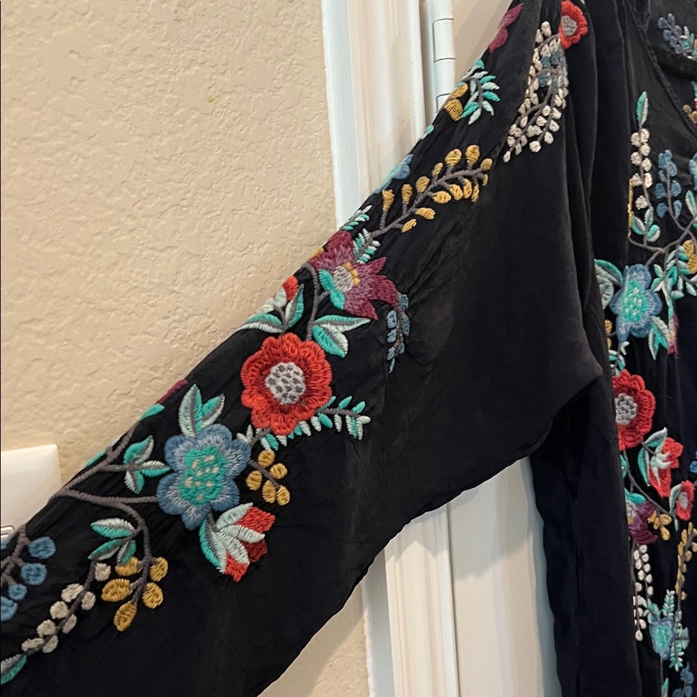 Johnny Was Black Blouse with Colorful Floral Embroidery - Picture 3 of 7